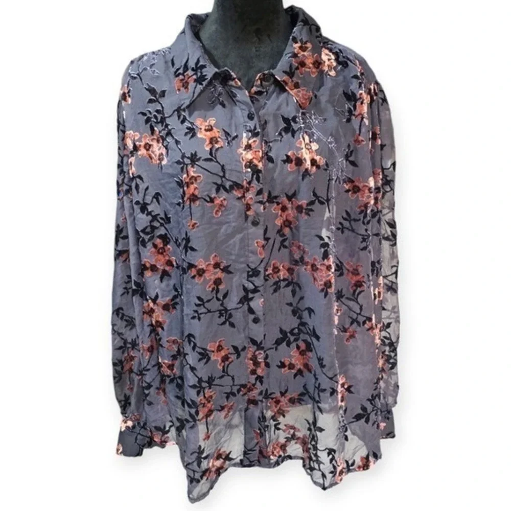 Modcloth Floral Burnout Velvet Sheer Button Up Blouse Grey Navy Pink 4X‎ - Picture 4 of 9